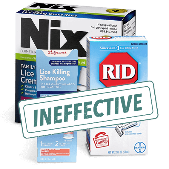 Group image of lice treatment products with a stamp that says 